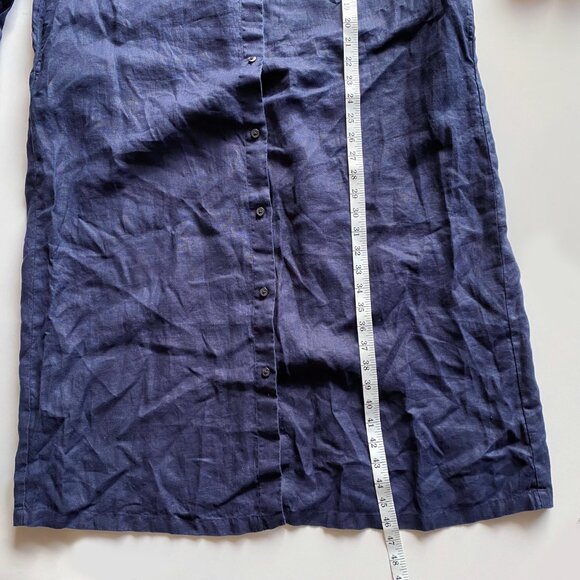 Women’s 100% Linen Navy Blue Long Shirt Dress Sz L Button Front Midi Side Pocket - Picture 6 of 10